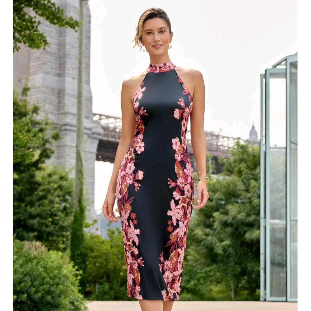 NWT Venus High Neck Midi Dress Library Lily Border Print Size Medium